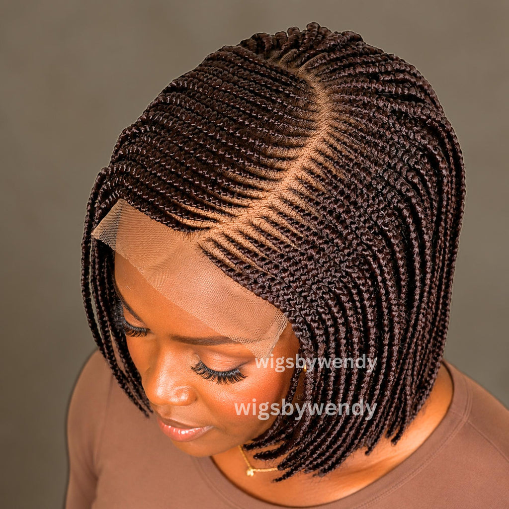 Brown Short Bob Braids Wig, Human Hair Lace Closure Lightweight Wig
