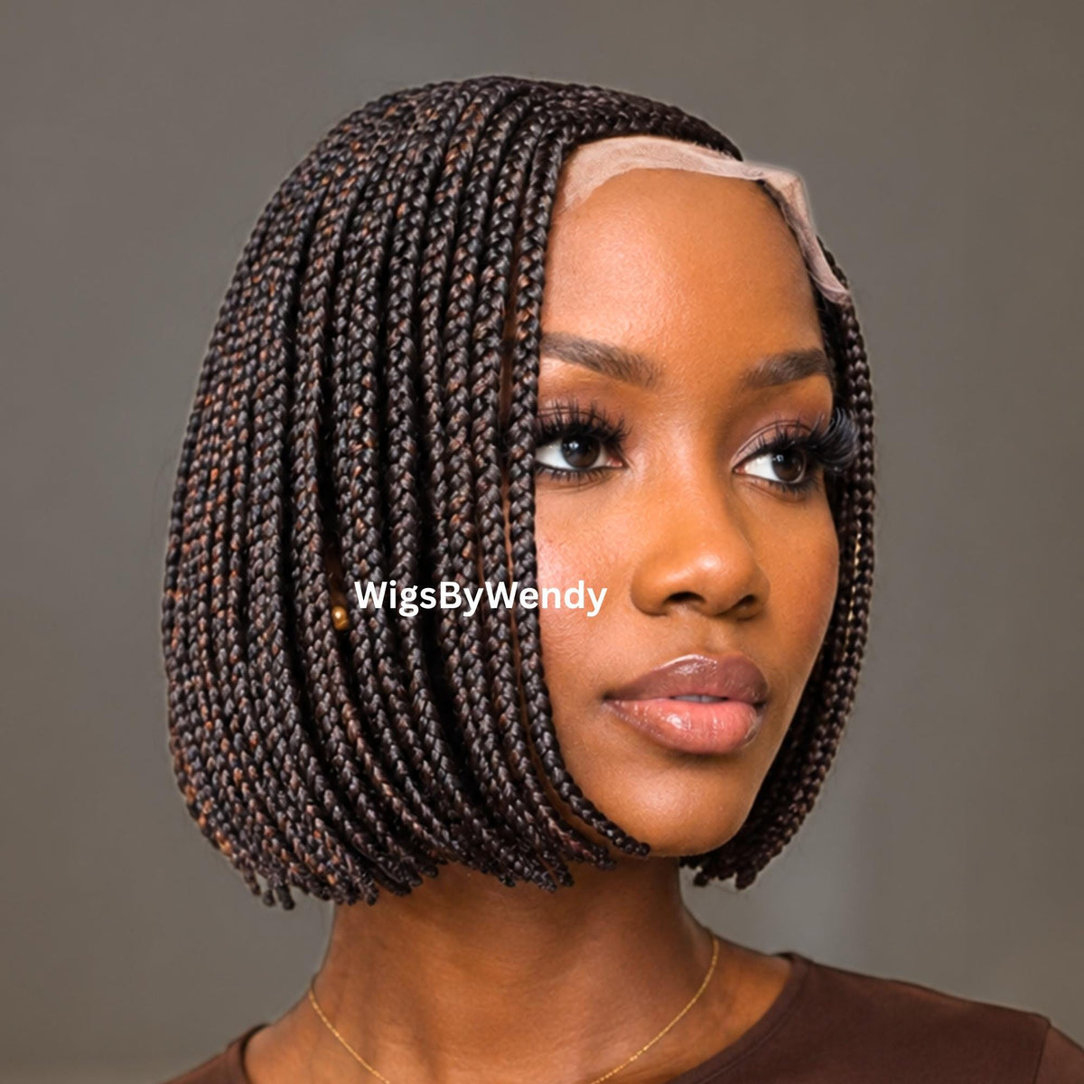 Brown Short Bob Braids Wig, Human Hair Lace Closure Lightweight Wig
