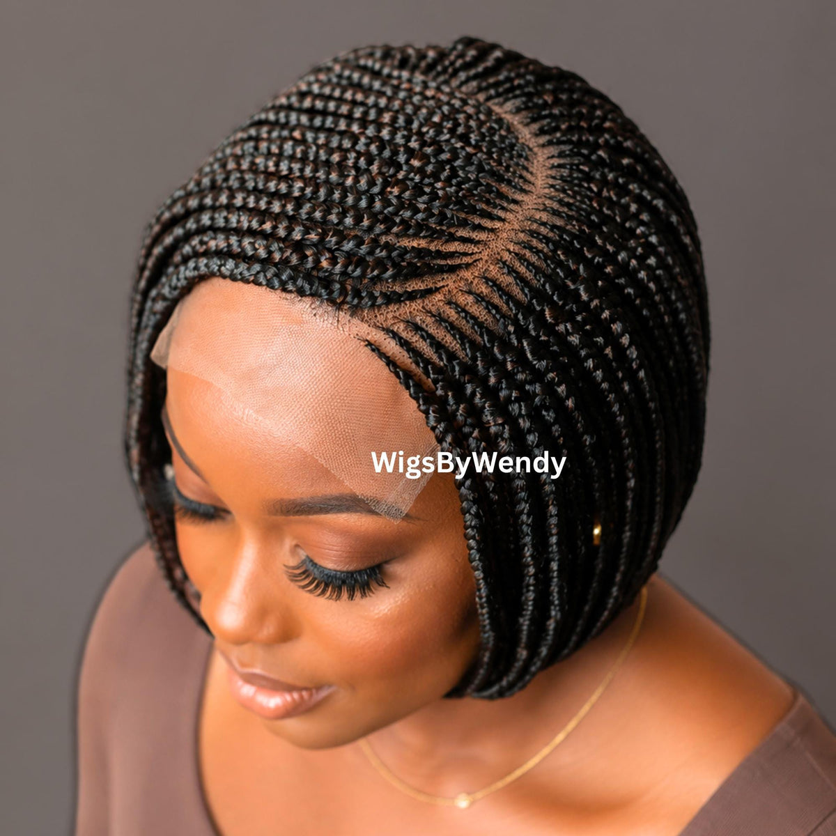 Brown Short Bob Braids Wig, Human Hair Lace Closure Lightweight Wig