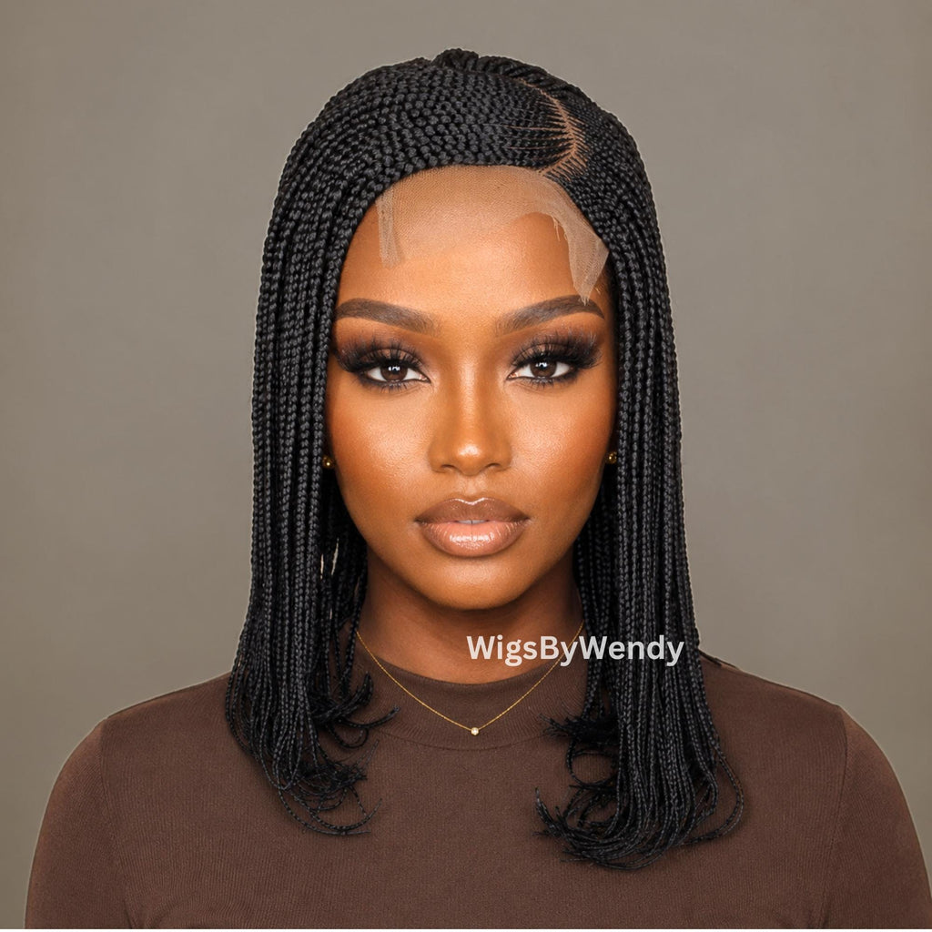 14-Inch Braided Bob Wig, Lightweight Lace Closure Conrow, Side Part Box Braids