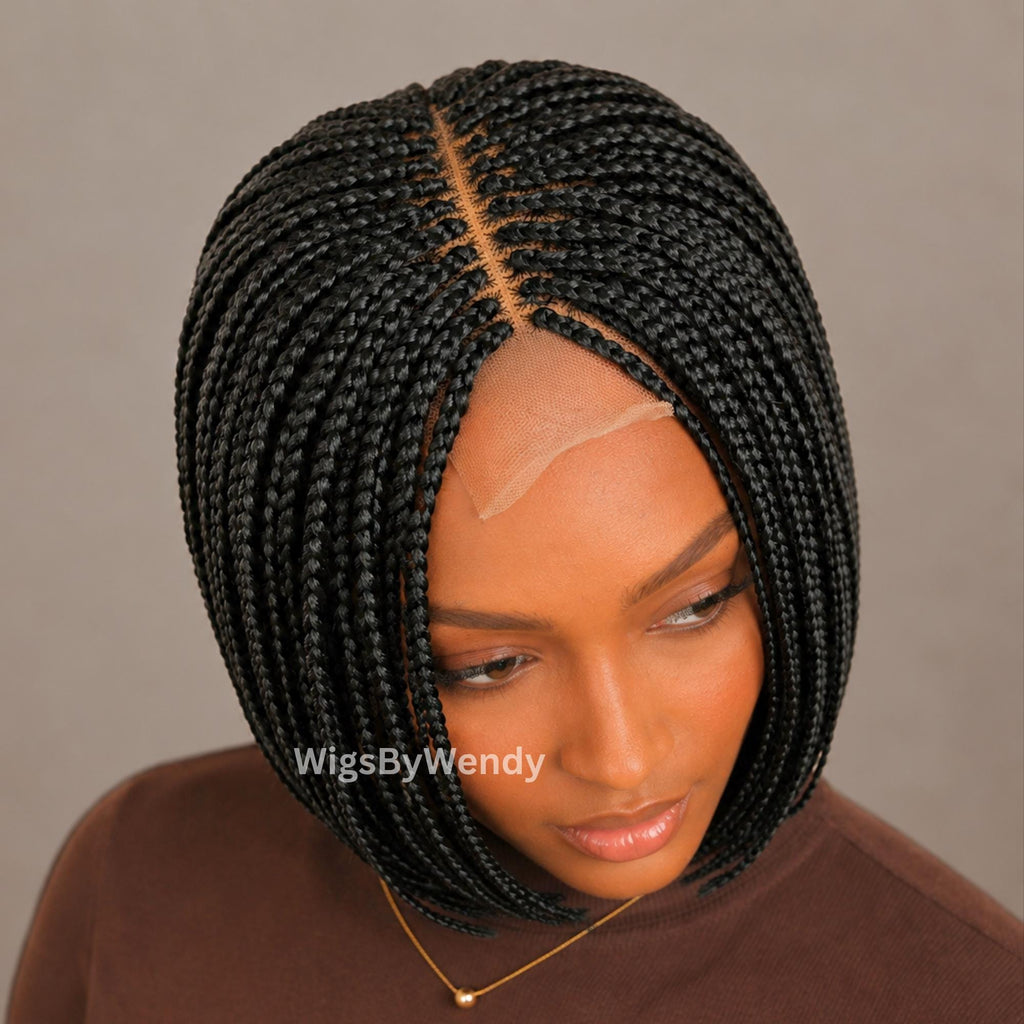 Short Bob Braids Wig, Human Hair Lace Closure Lightweight Wig