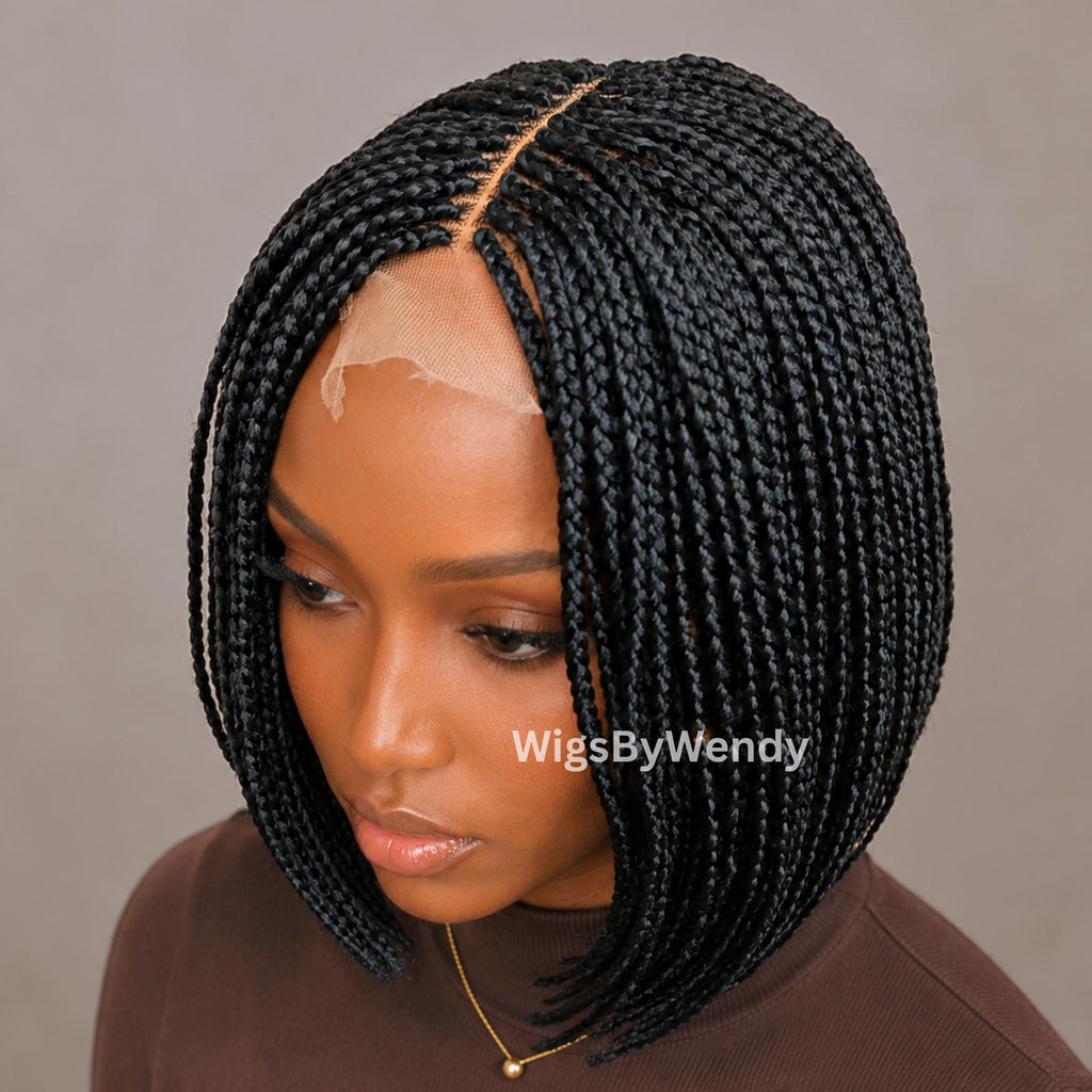 Short Bob Braids Wig, Human Hair Lace Closure Lightweight Wig