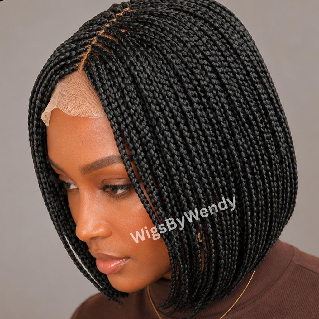 Short Bob Braids Wig, Human Hair Lace Closure Lightweight Wig
