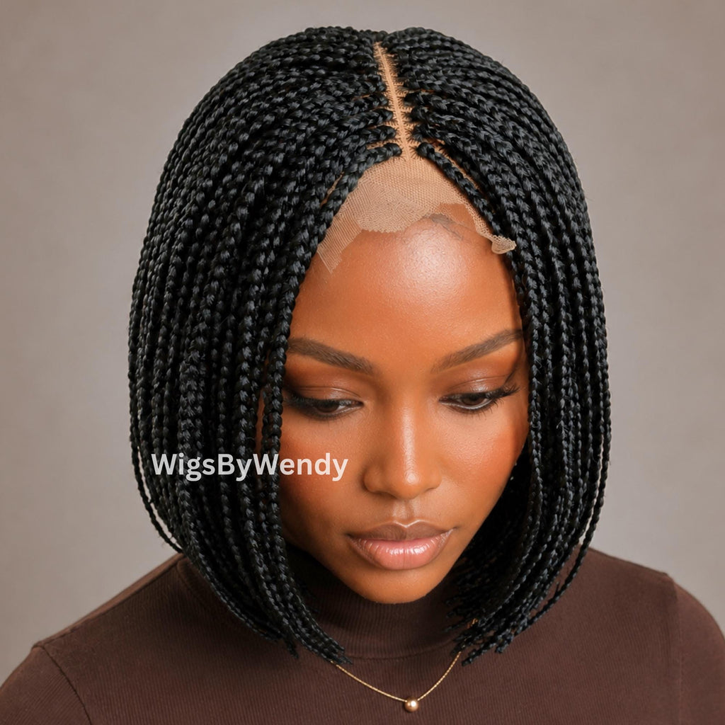 Short Bob Braids Wig, Human Hair Lace Closure Lightweight Wig