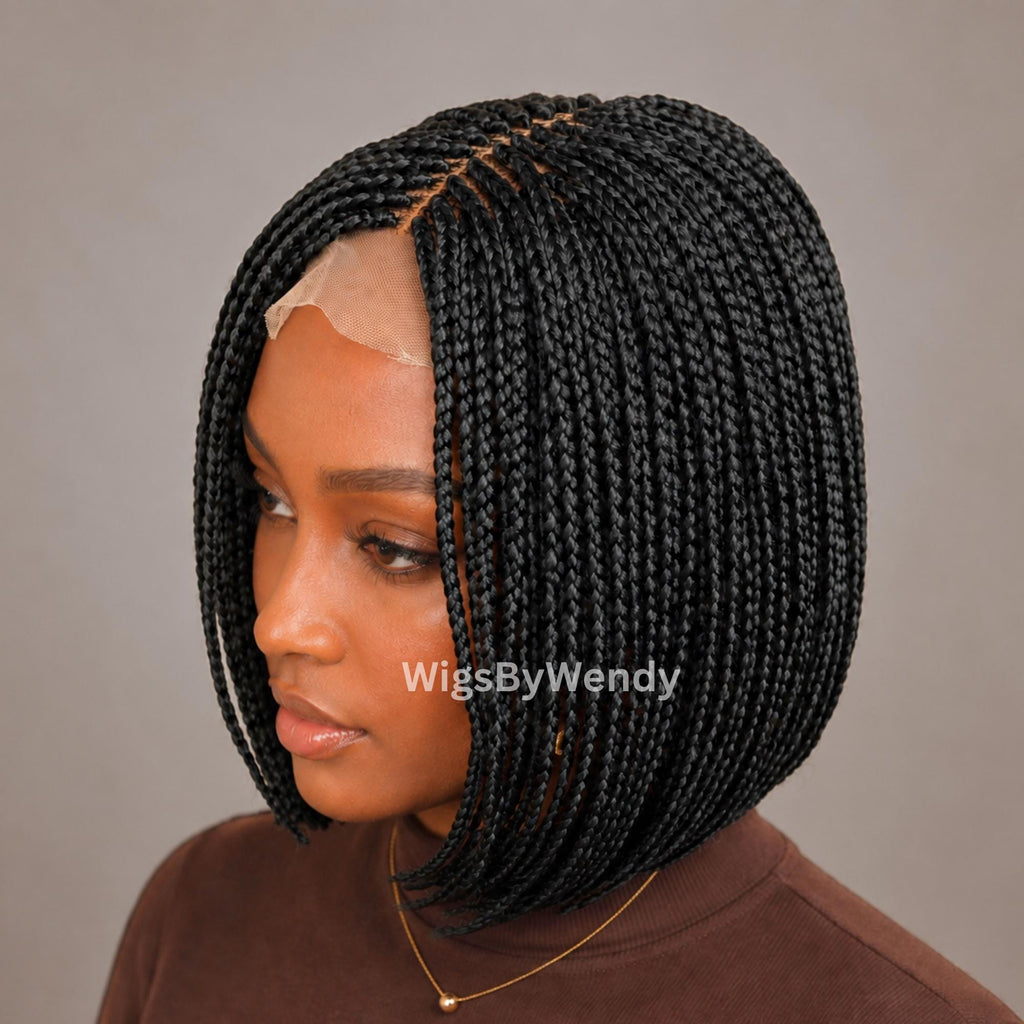 Short Bob Braids Wig, Human Hair Lace Closure Lightweight Wig