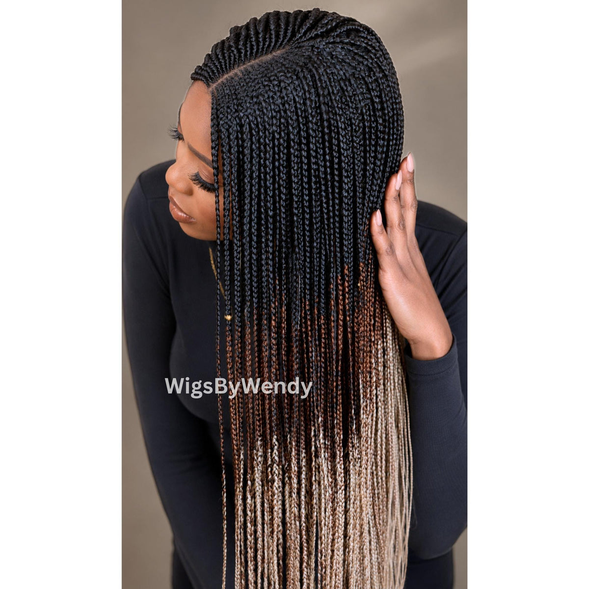Black Brown Blonde Ombre Middle Part Long Fulani Conrow Braids Wig