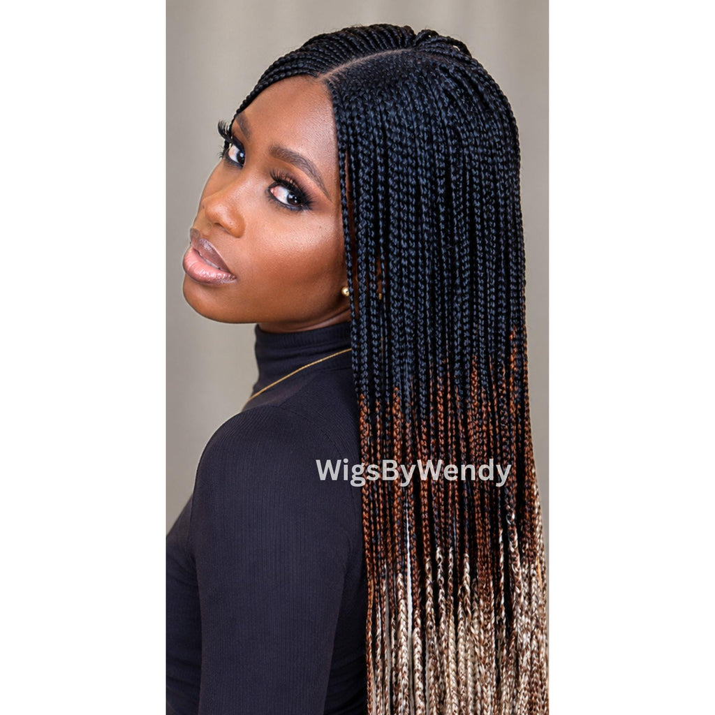 Black Brown Blonde Ombre Middle Part Long Fulani Conrow Braids Wig