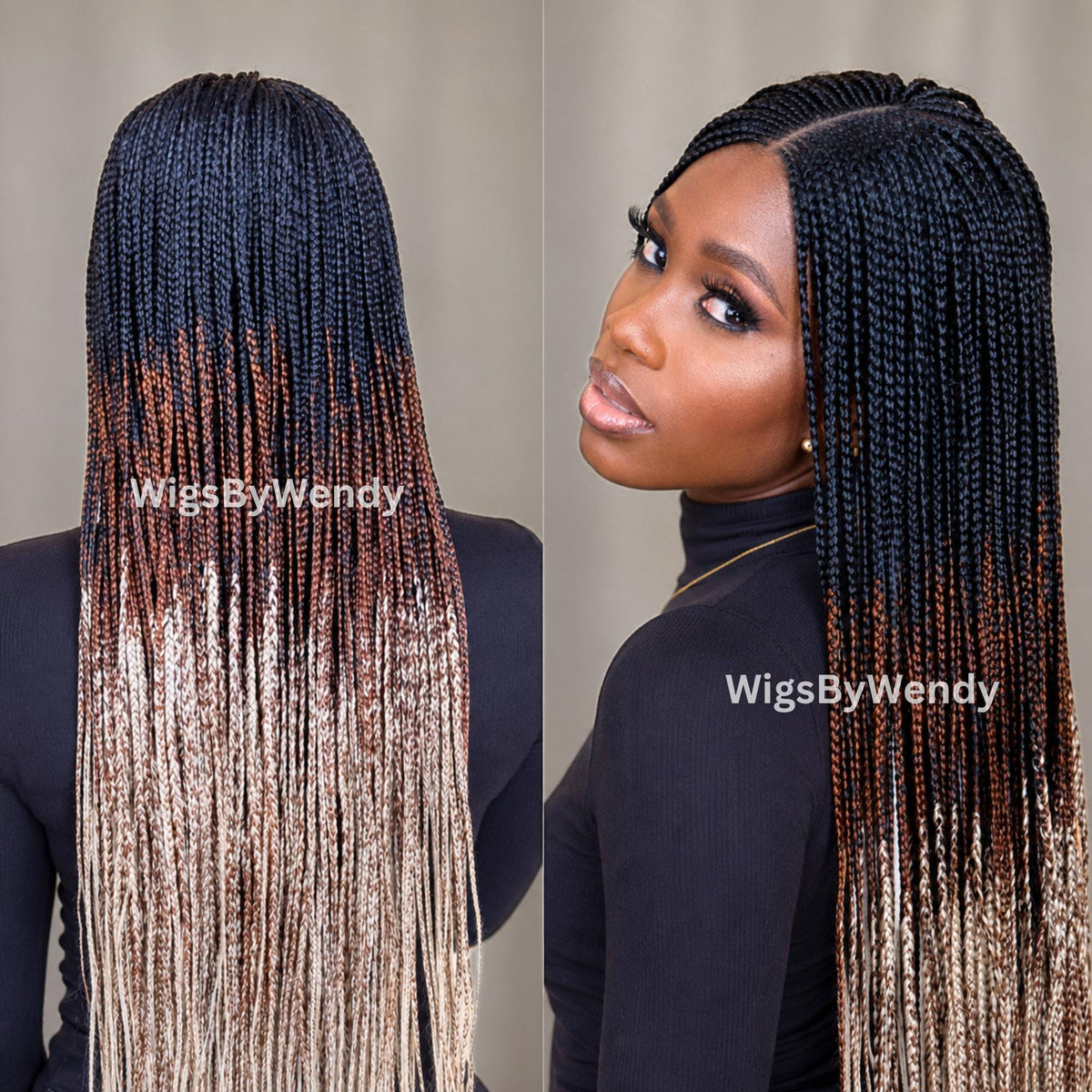Black Brown Blonde Ombre Middle Part Long Fulani Conrow Braids Wig