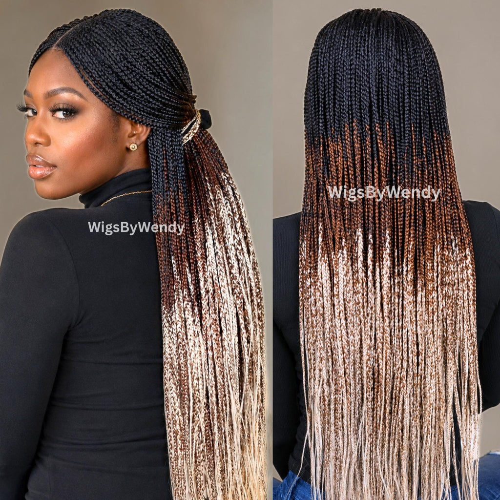 Black Brown Blonde Ombre Middle Part Long Fulani Conrow Braids Wig