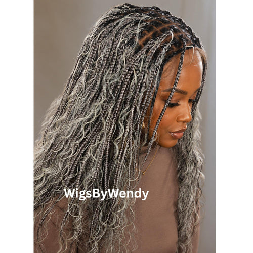 30inches Black Grey Silver Salt and Pepper Knotless Boho Box Braids Wig For Black Women