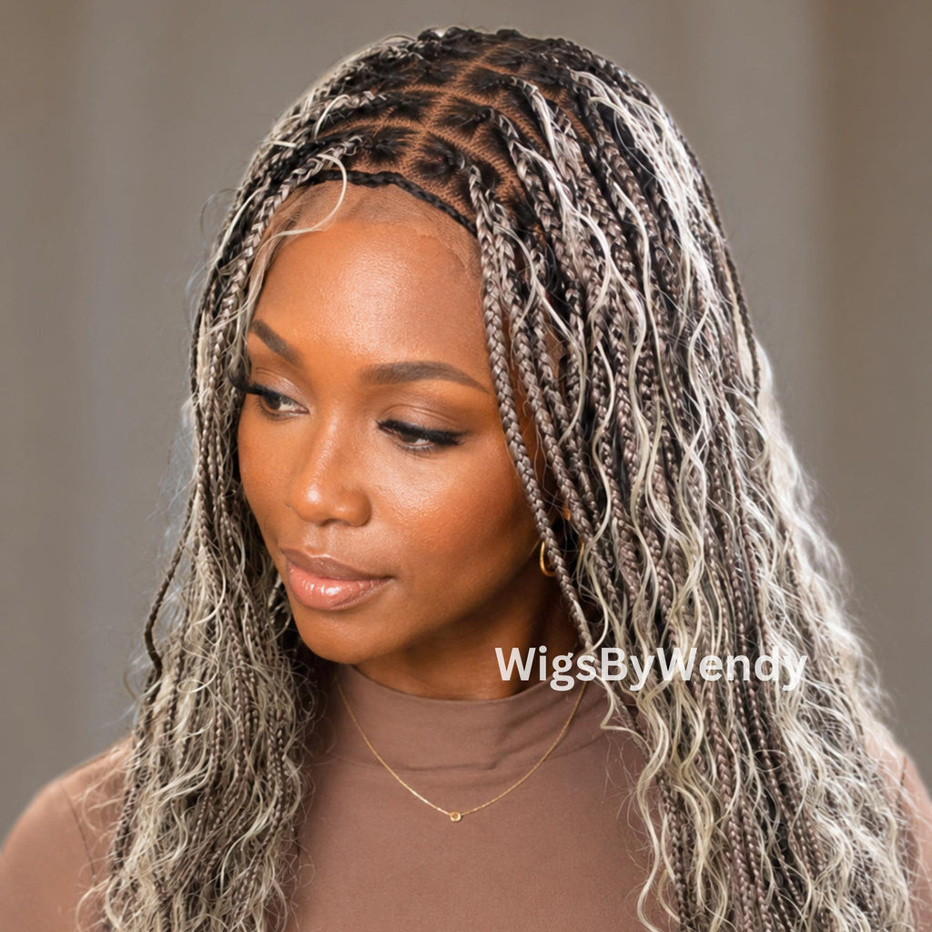 30inches Black Grey Silver Salt and Pepper Knotless Boho Box Braids Wig For Black Women