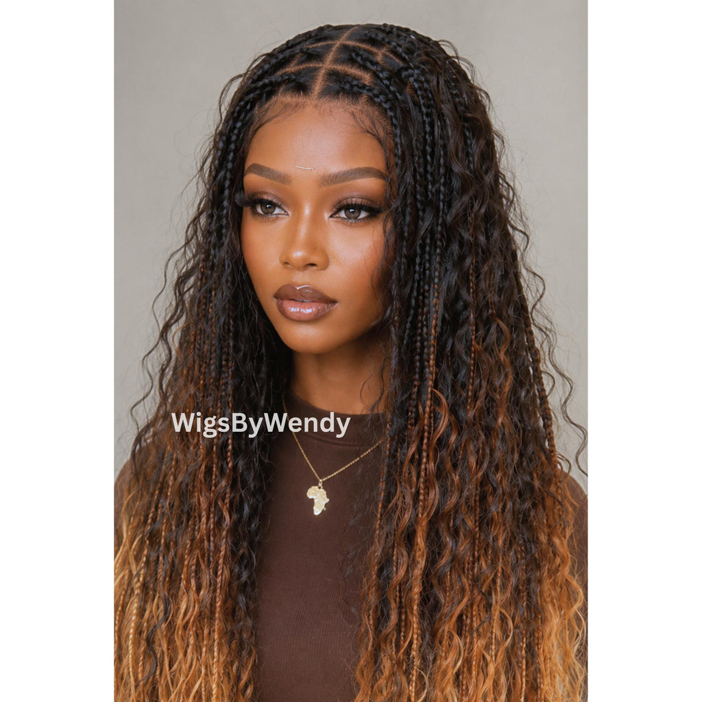 35inches Black brown Gold Ombre Knotless Boho Box Braids Wig For Black Women