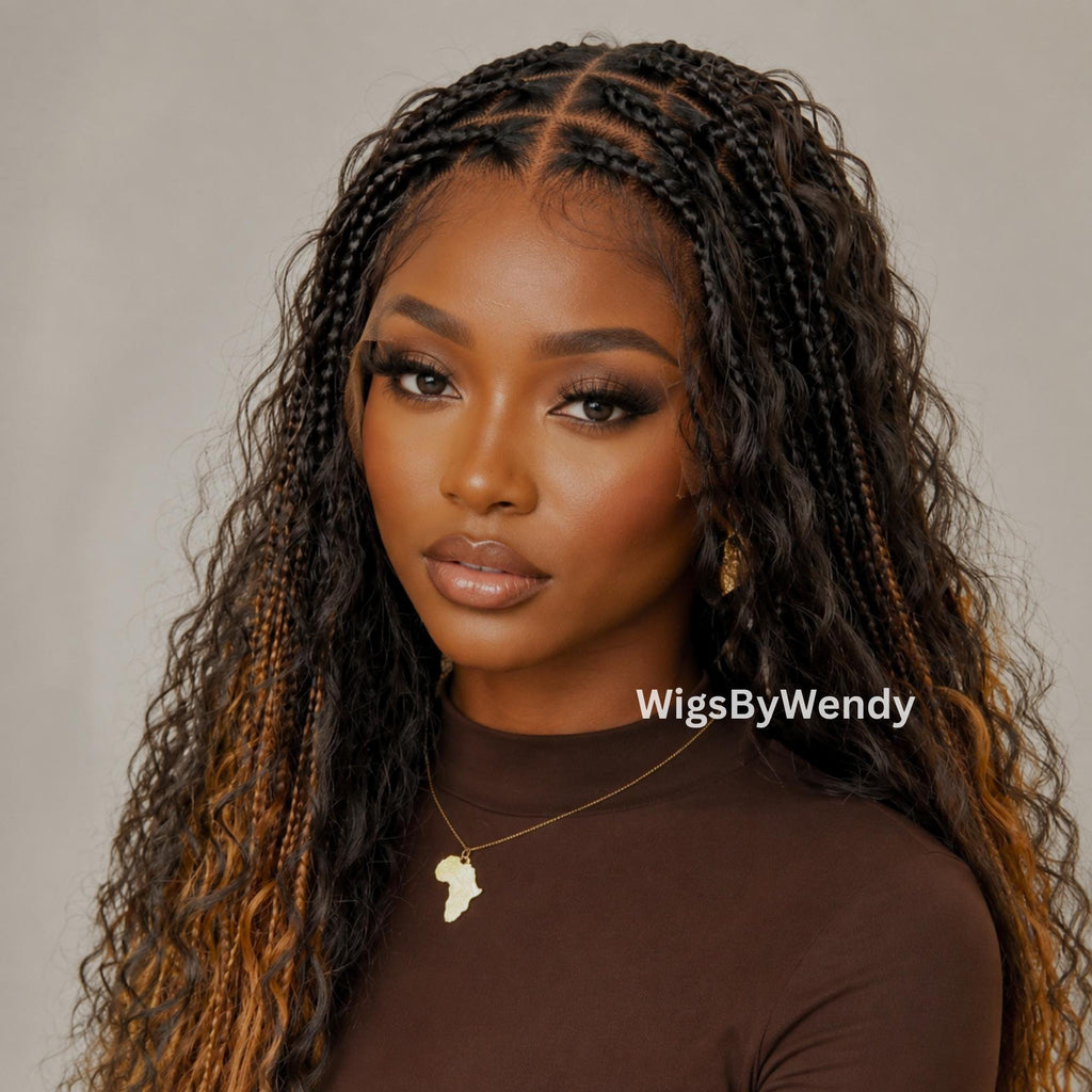 35inches Black brown Gold Ombre Knotless Boho Box Braids Wig For Black Women