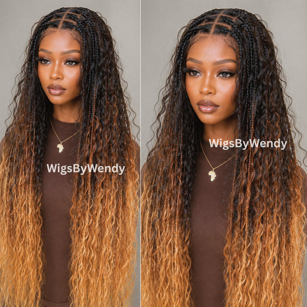 35inches Black brown Gold Ombre Knotless Boho Box Braids Wig For Black Women