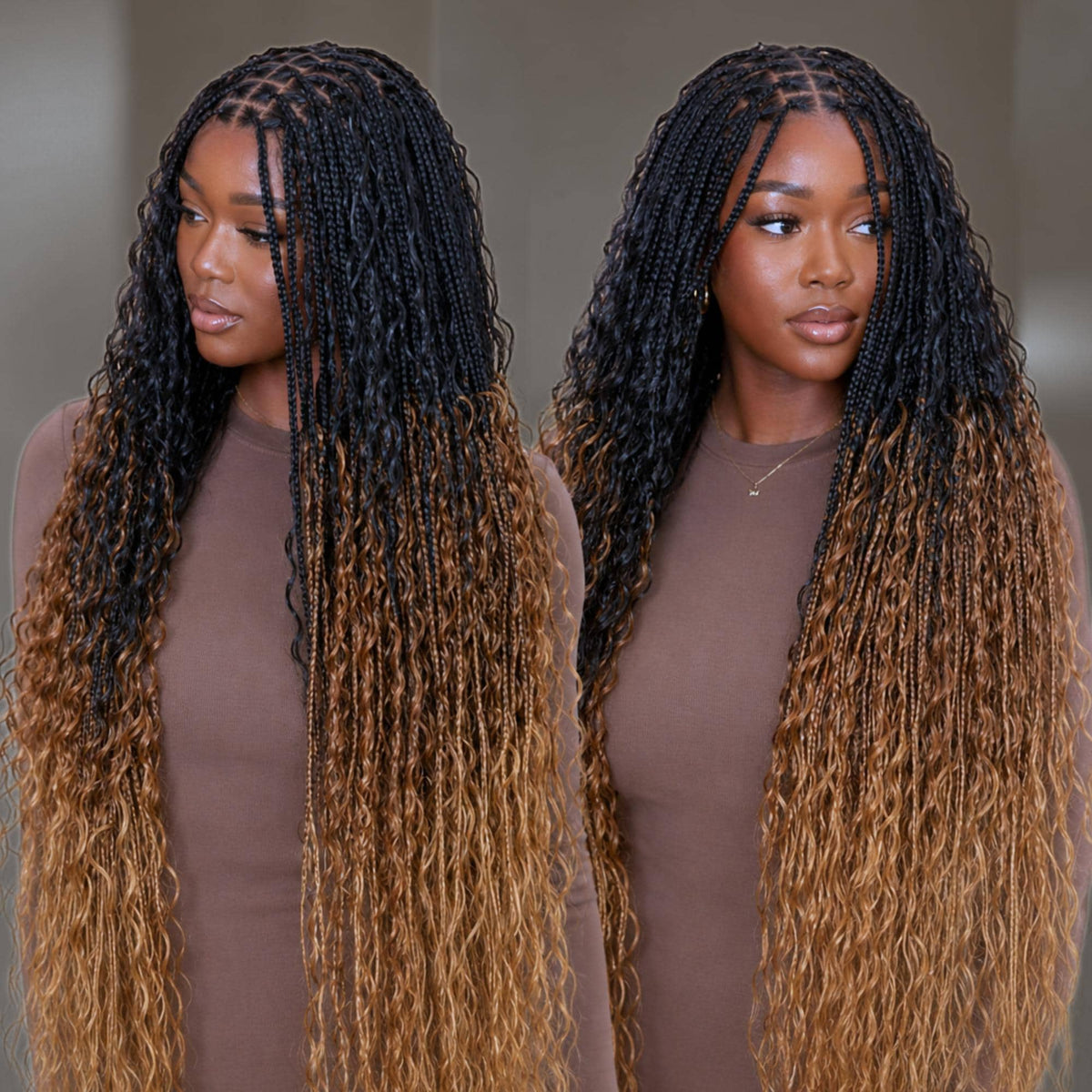 35inches Black brown Gold Ombre Knotless Boho Box Braids Wig For Black Women