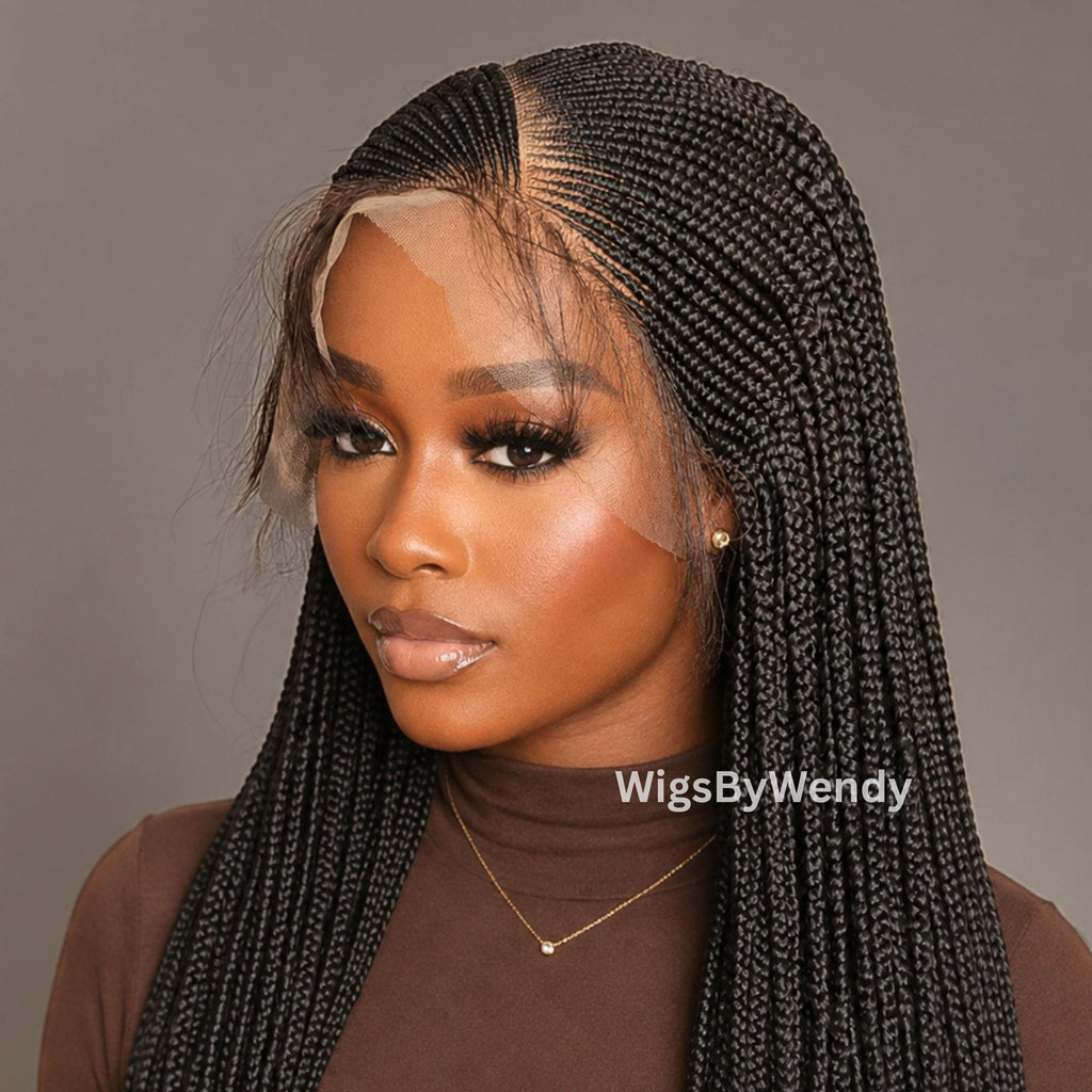V-Part Conrow Wig, Long Single Box Braids Lightweight African Weave Wig With Baby Hair