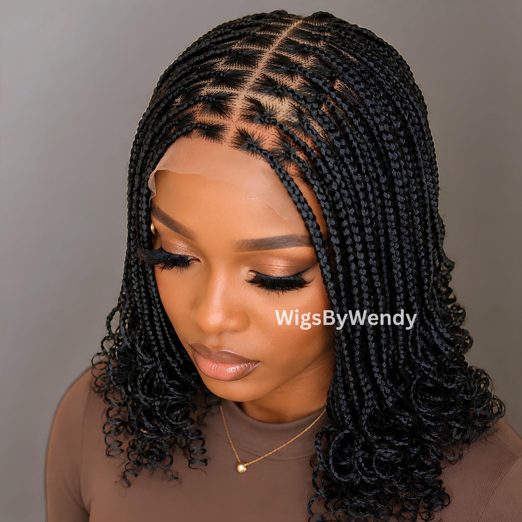 Curly Lace Frontal Box Braids Wig, Short Bob Lightweight African Weave Wig