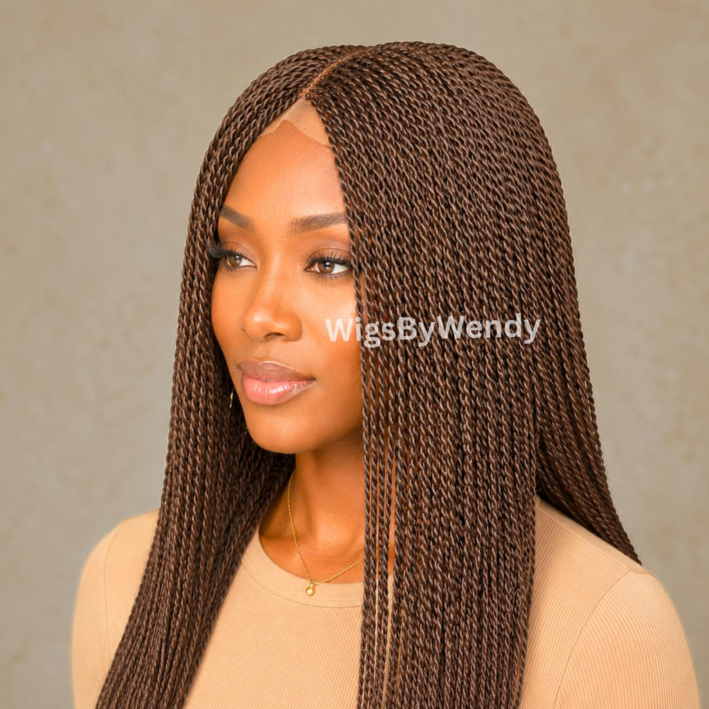 Brown 24inches Micro Twist Braided Wig, Long Centre-part Light-weight Single Braids Wig