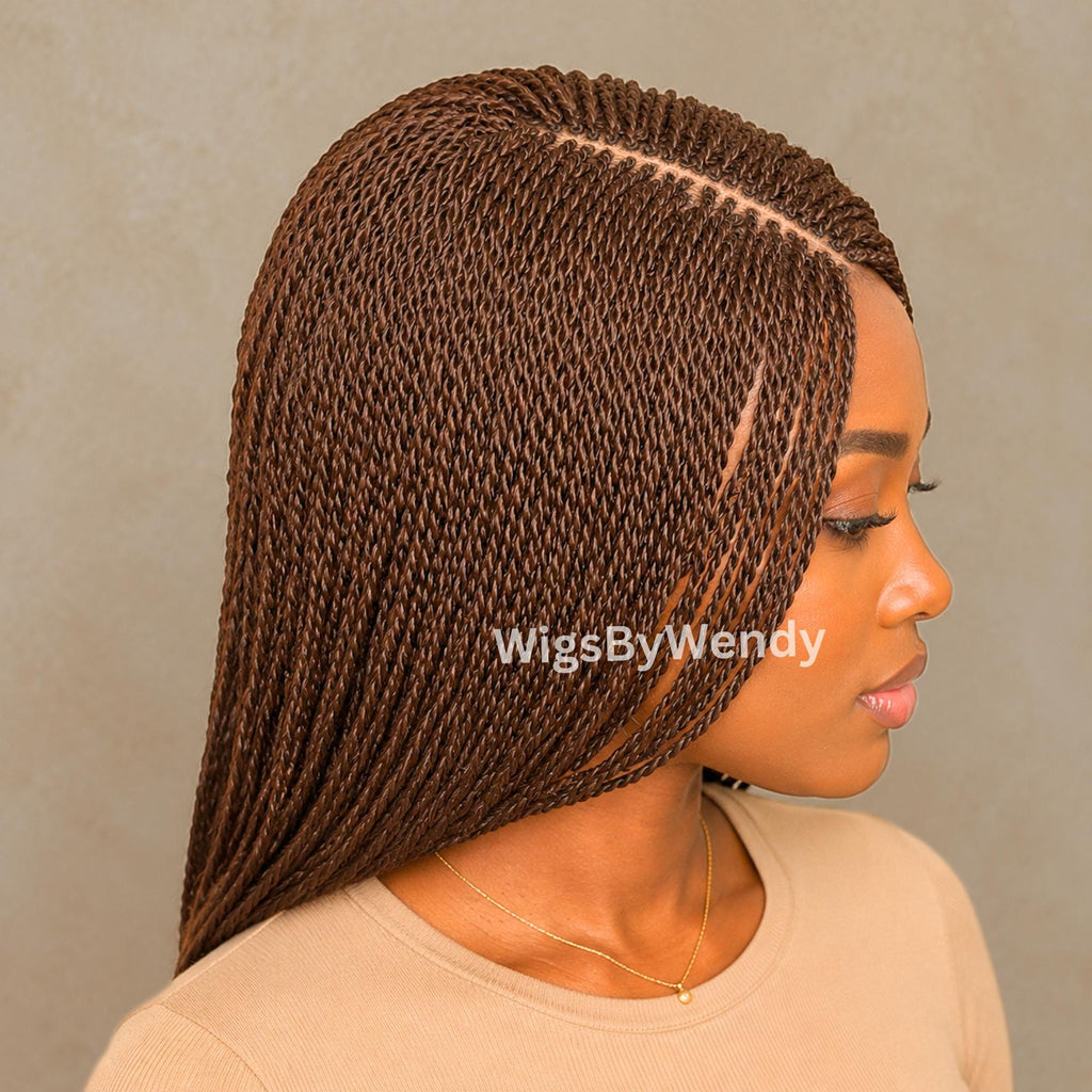 Brown 24inches Micro Twist Braided Wig, Long Centre-part Light-weight Single Braids Wig