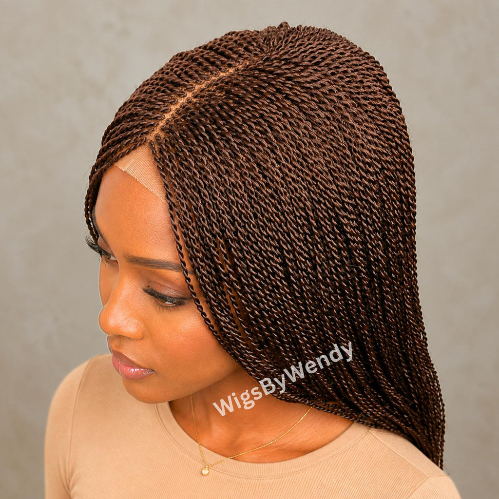 Brown 24inches Micro Twist Braided Wig, Long Centre-part Light-weight Single Braids Wig