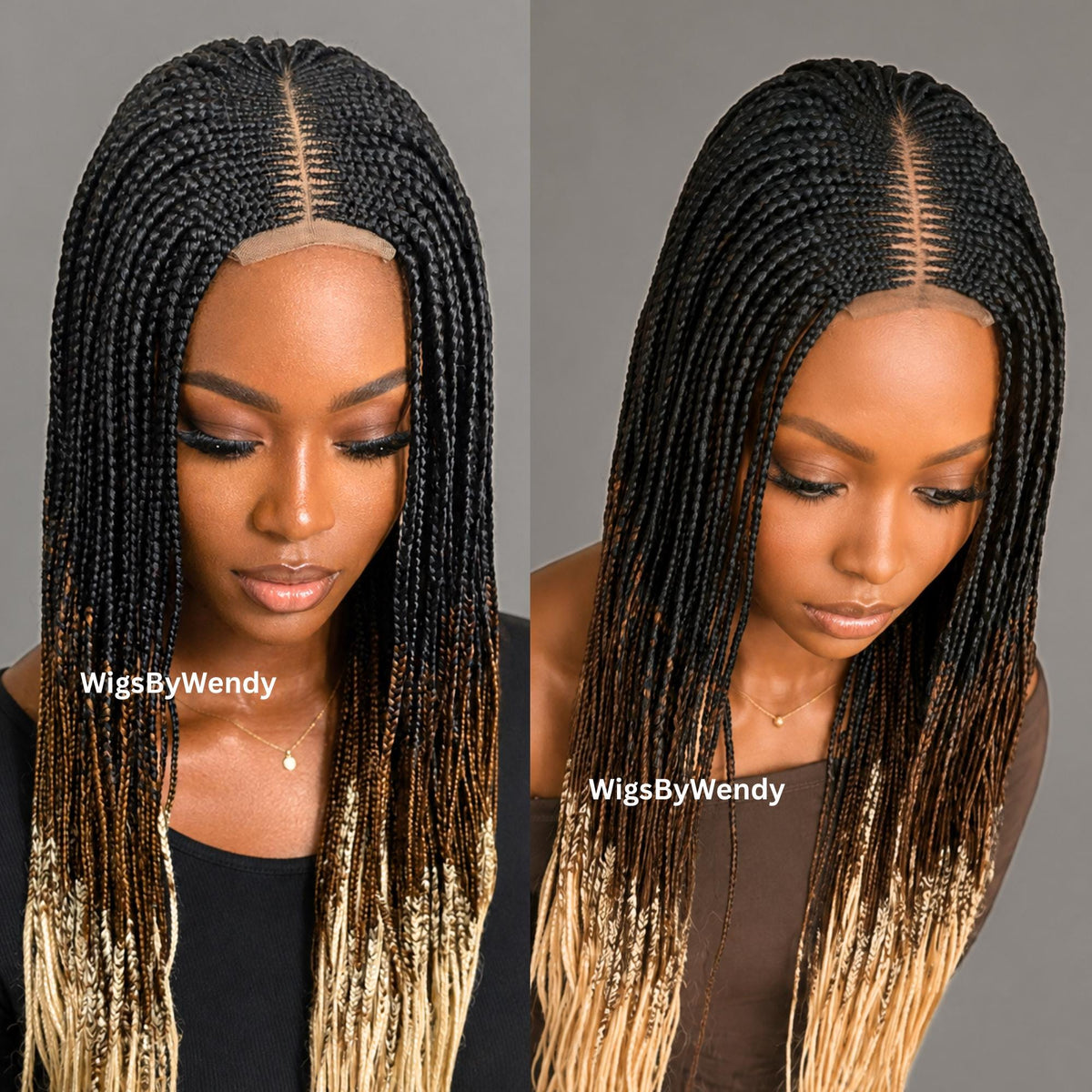 Black Brown Blonde Ombre Middle Part Long Fulani Conrow Braids Wig