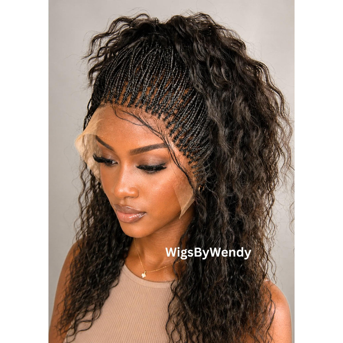 Black 16inches Curly Micro Braids Wig, Lace Closure Single Box Braids Wig, Lightweight African Weave