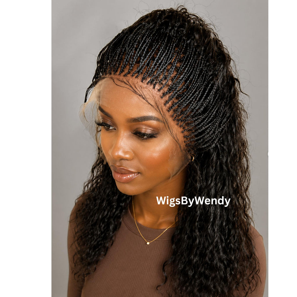 Black 18inches Curly Micro Braids Wig, Lace Closure Single Box Braids Wig, Lightweight African Weave