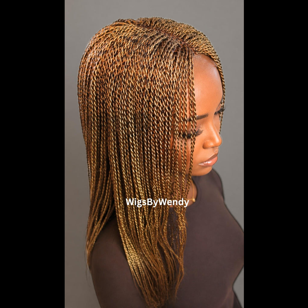 Gold Micro Twist Braided Wig, Long Centre-part Light-weight Single Braids Wig