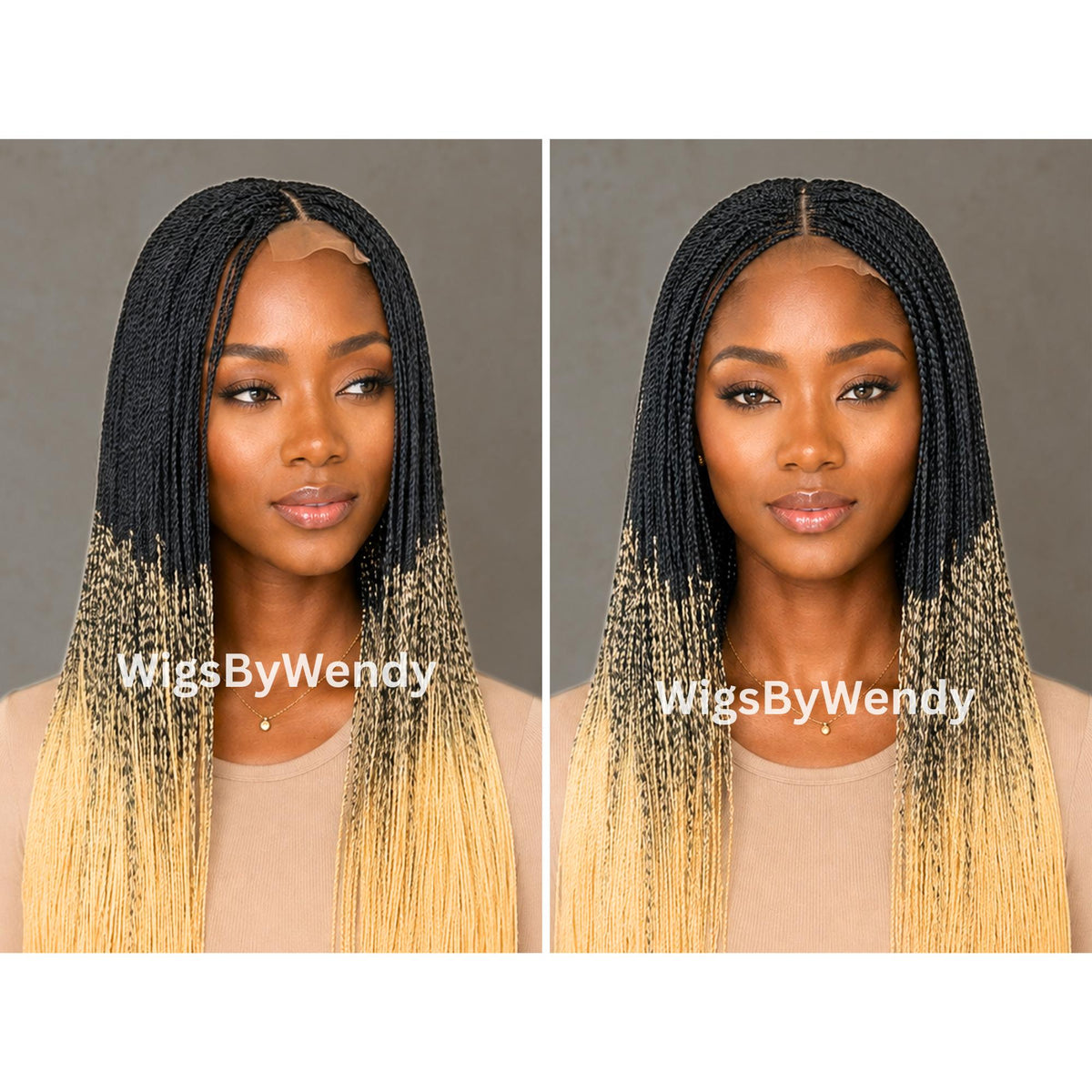Black Blonde Ombere 28inches Micro Twist Braided Wig, Long Centre-part Light-weight Single Braids Wig