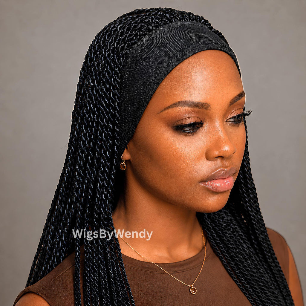 Black Glueless Single Box Braids Micro Twist Headband Wig