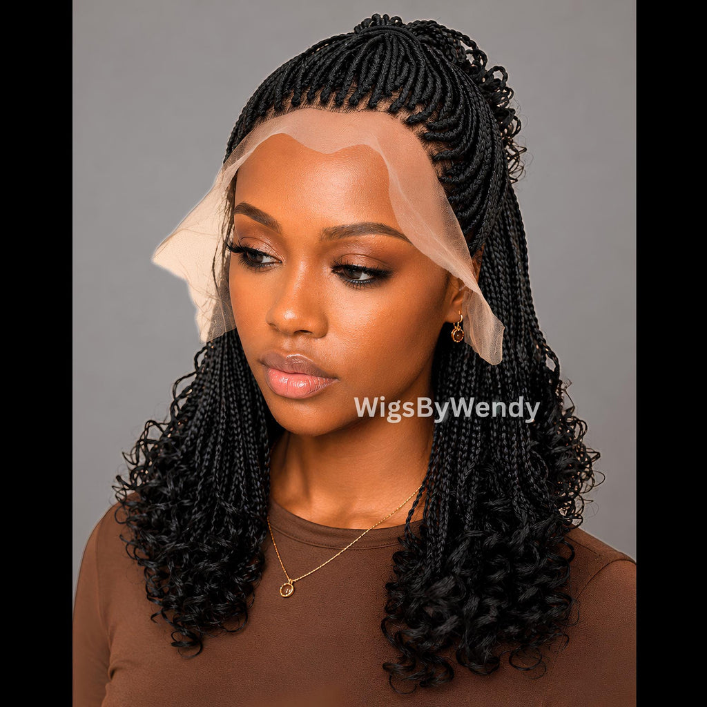 Curly Lace Frontal Box Braids Wig, Short Bob Lightweight African Weave Wig