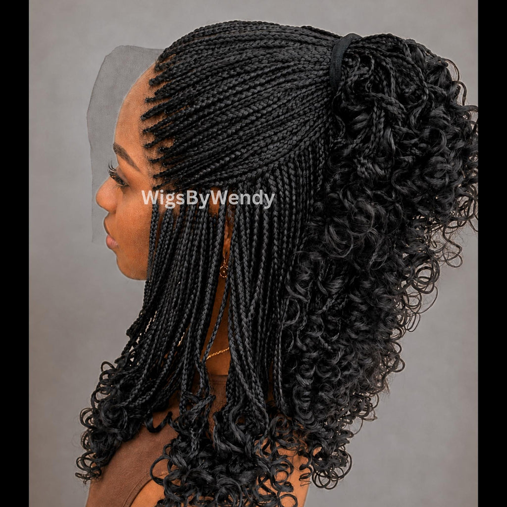 Curly Lace Frontal Box Braids Wig, Short Bob Lightweight African Weave Wig