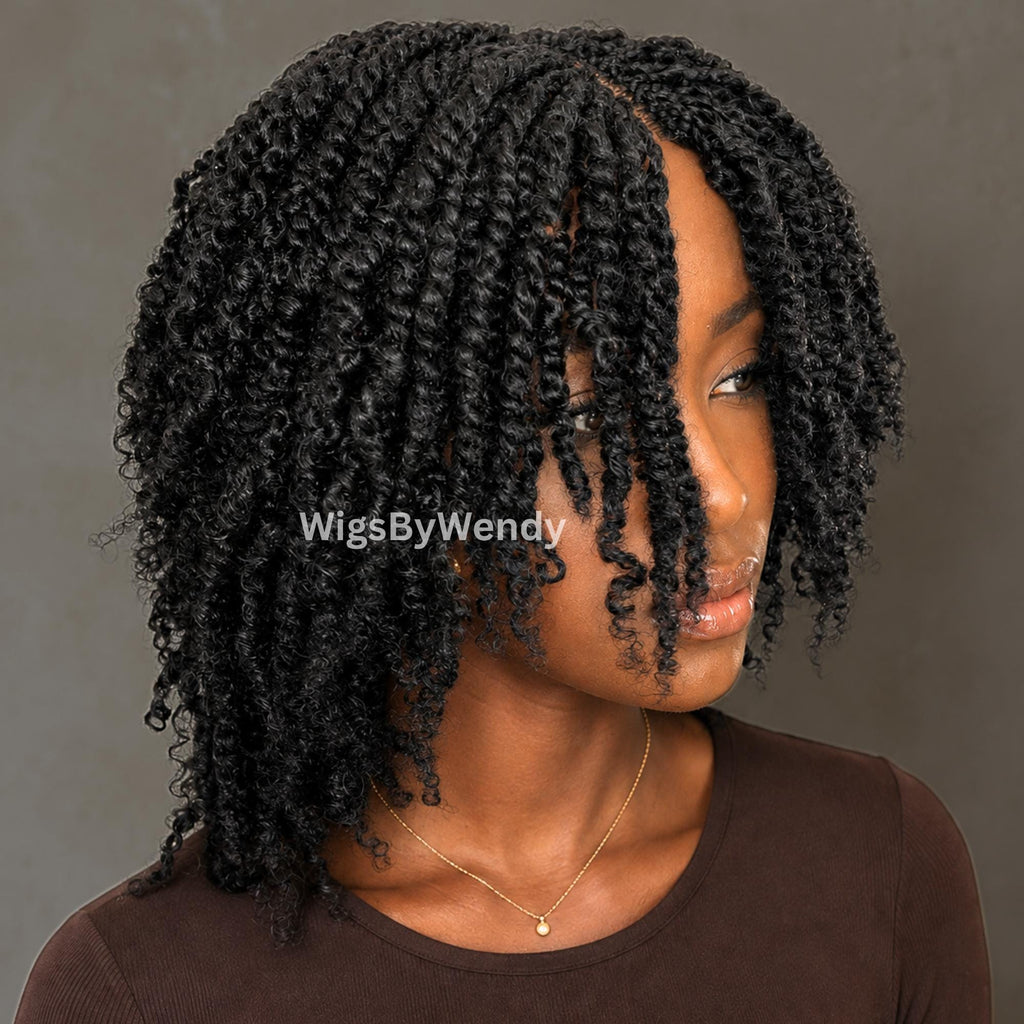 Short Bob Spring Twist Braids Wig, Passion Curls Lace Closure Lightweight Wig