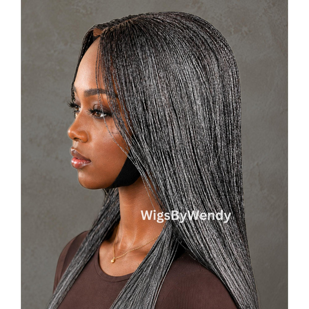 30inch Salt and Pepper Nano Twist Braided Wig, Centre-part Light-weight Single Braids Wig