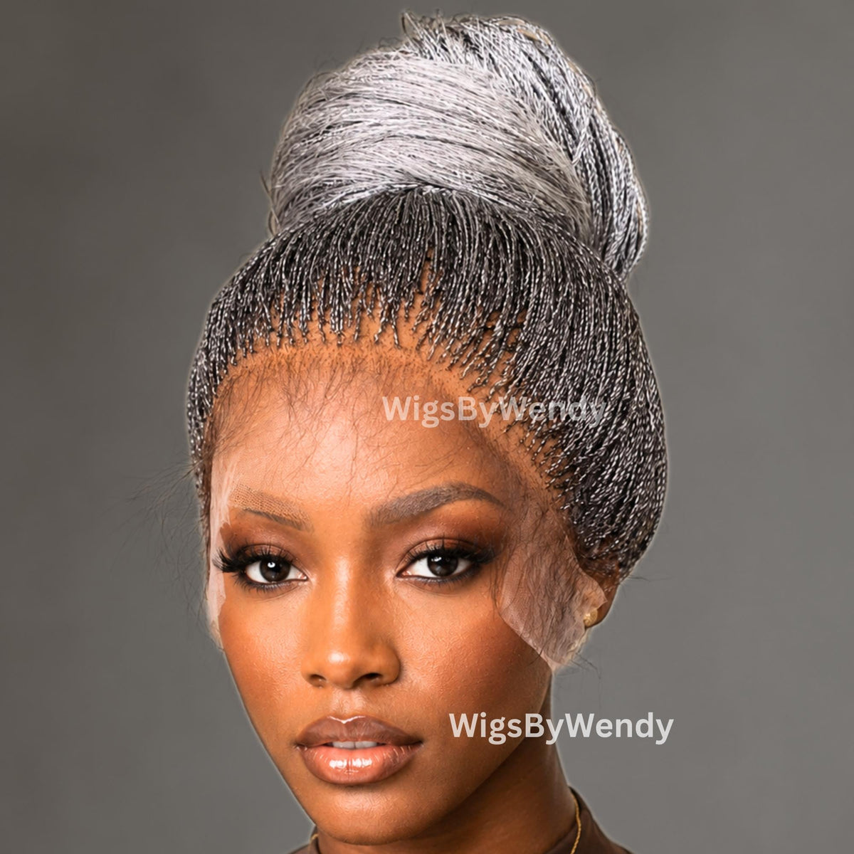 22inch Salt and Pepper, Black Grey Silver Micro Twist Braided Wig, Centre-part Light-weight Single Nano Braids Wig