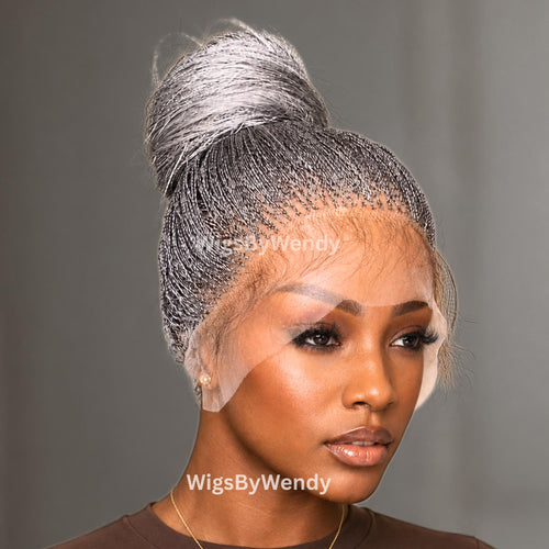 22inch Salt and Pepper, Black Grey Silver Micro Twist Braided Wig, Centre-part Light-weight Single Nano Braids Wig