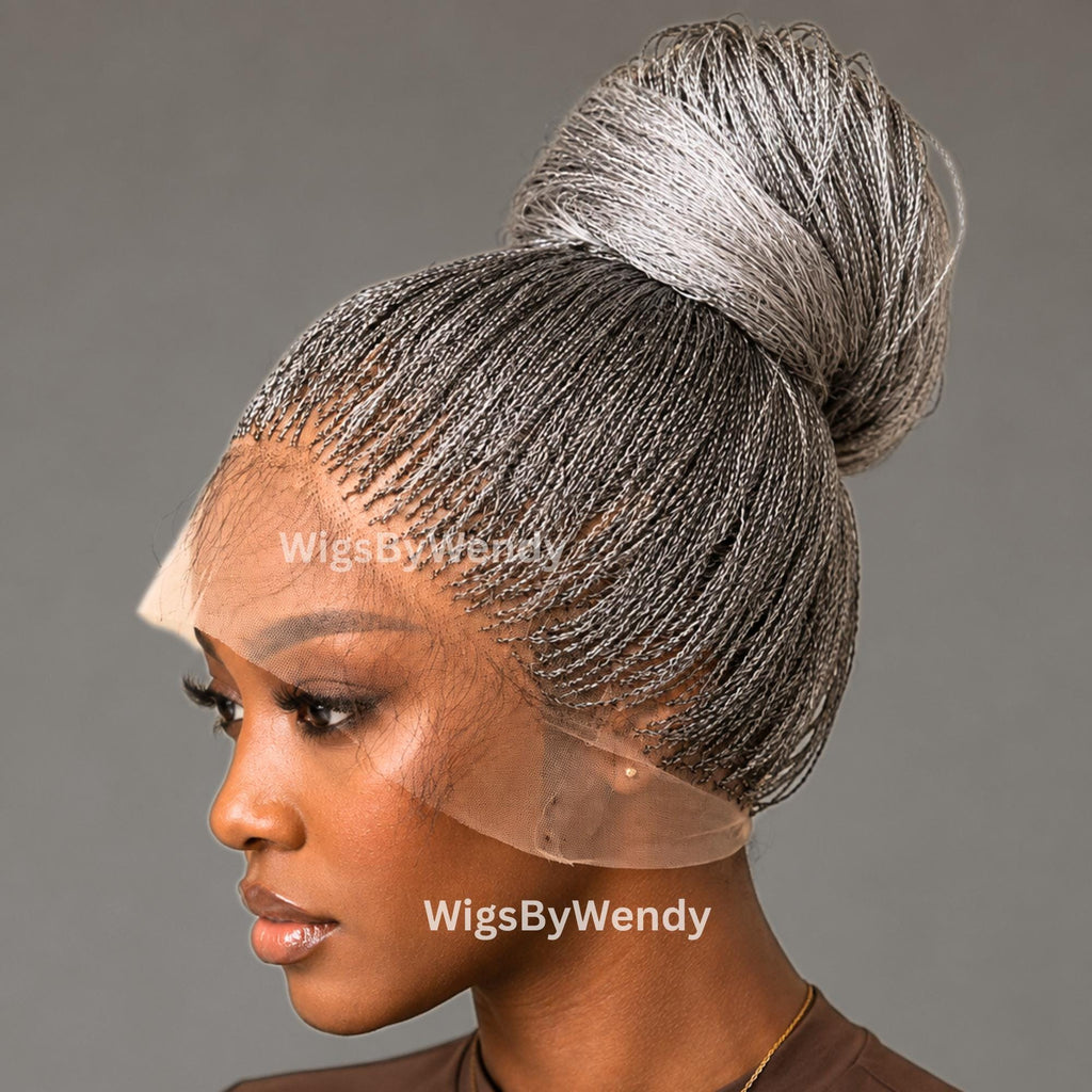 22inch Salt and Pepper, Black Grey Silver Micro Twist Braided Wig, Centre-part Light-weight Single Nano Braids Wig