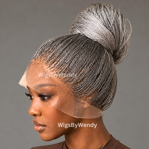 22inch Salt and Pepper, Black Grey Silver Micro Twist Braided Wig, Centre-part Light-weight Single Nano Braids Wig
