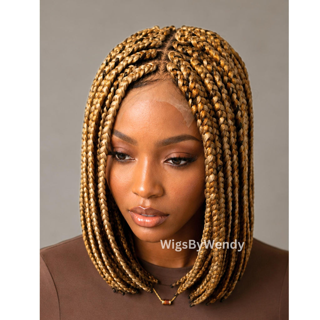 Short Bob Braids Wig, Single Big Box Lace Closure Lightweight Wig, Chunky Side Part Braids