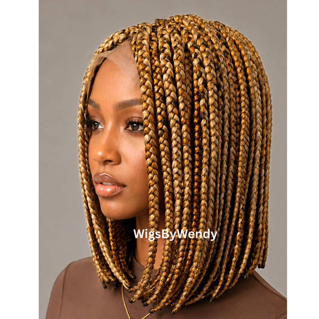 Short Bob Braids Wig, Single Big Box Lace Closure Lightweight Wig, Chunky Side Part Braids