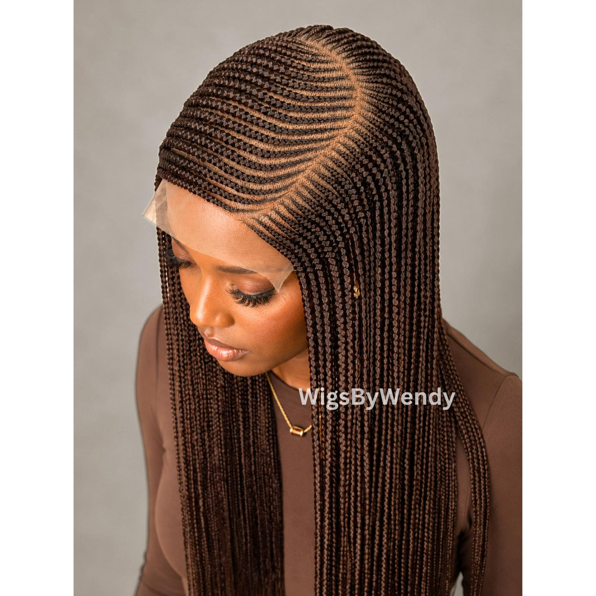 Brown Conrow Wig, Long Single Box Braids Lightweight African Weave Wig