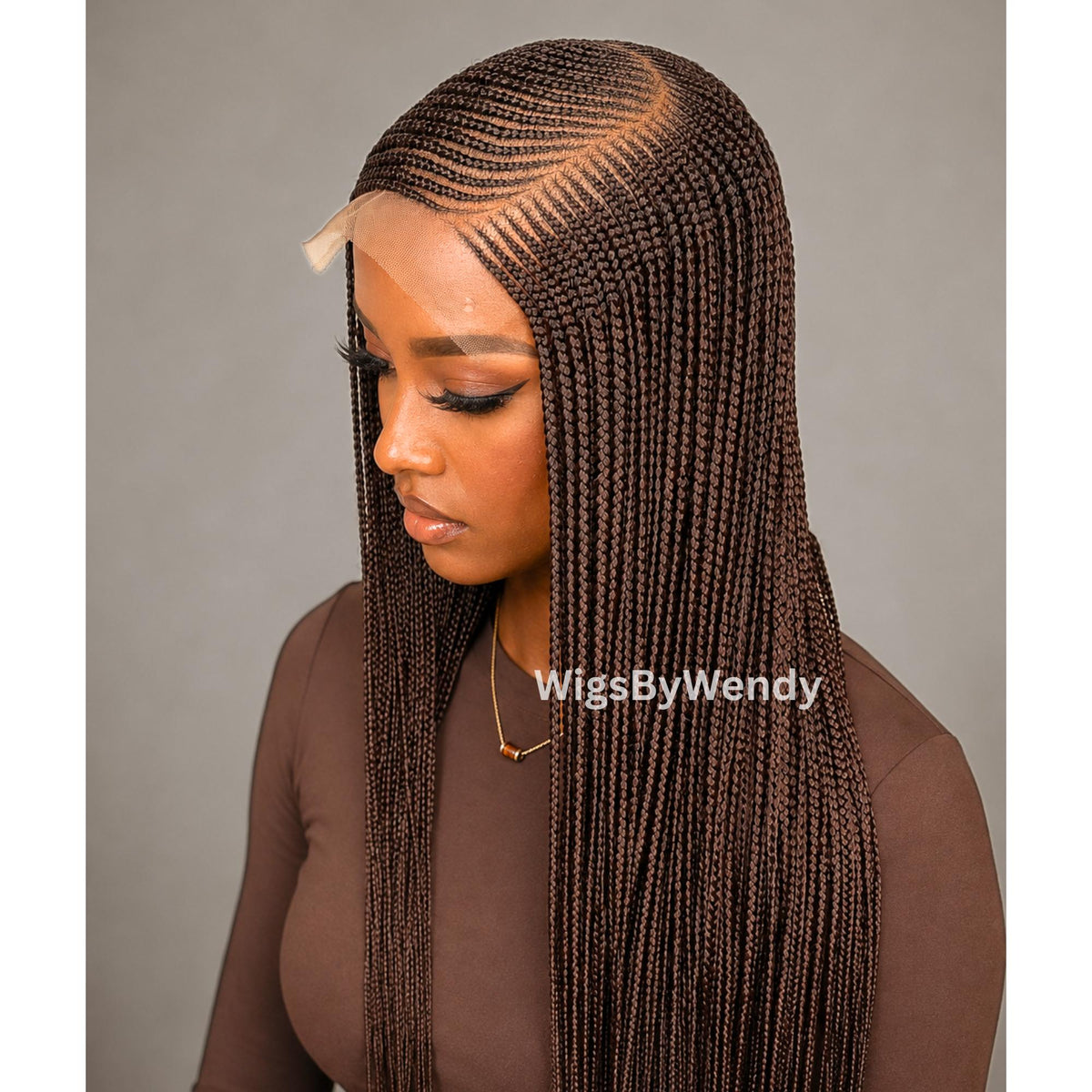 Brown Conrow Wig, Long Single Box Braids Lightweight African Weave Wig