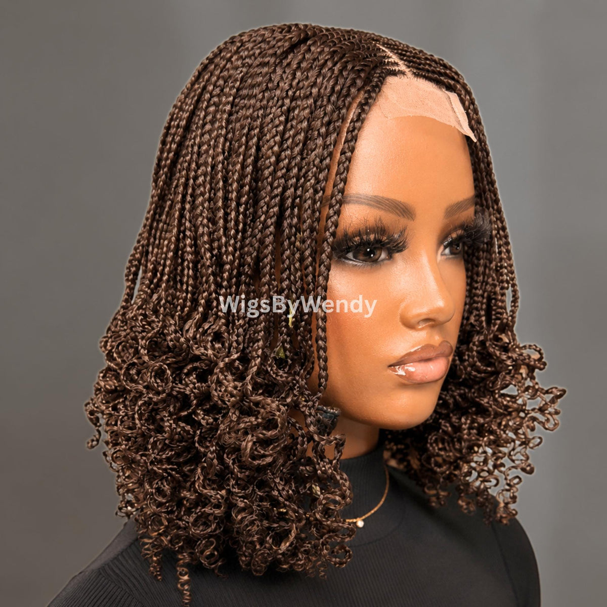 Curly Lace Closure Conrow Braided Wig, Short Bob Lightweight African Weave Wig