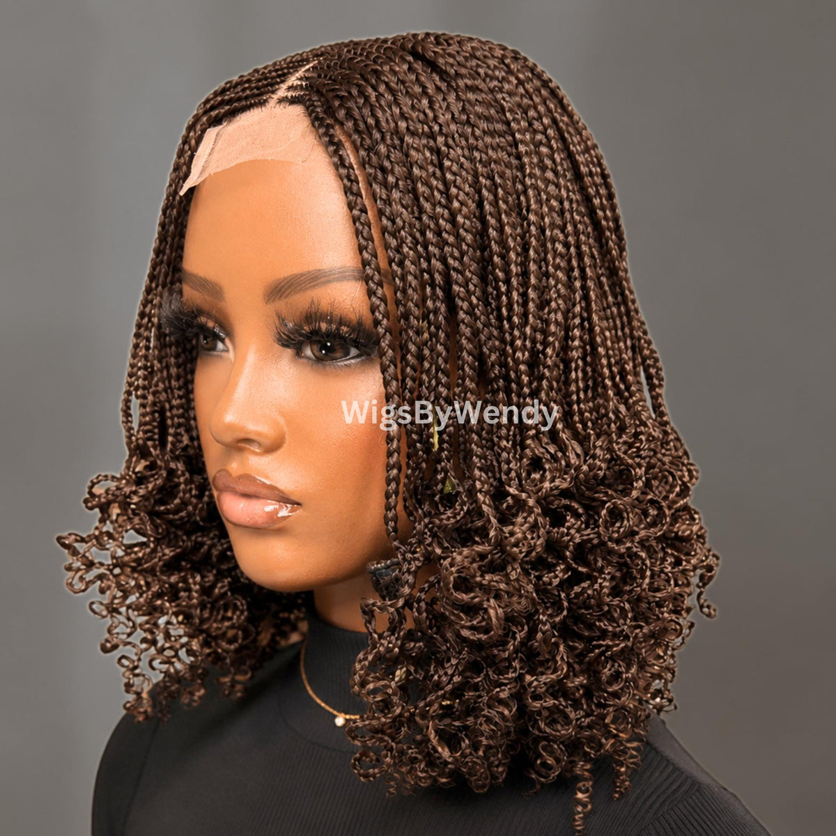 Curly Lace Closure Conrow Braided Wig, Short Bob Lightweight African Weave Wig