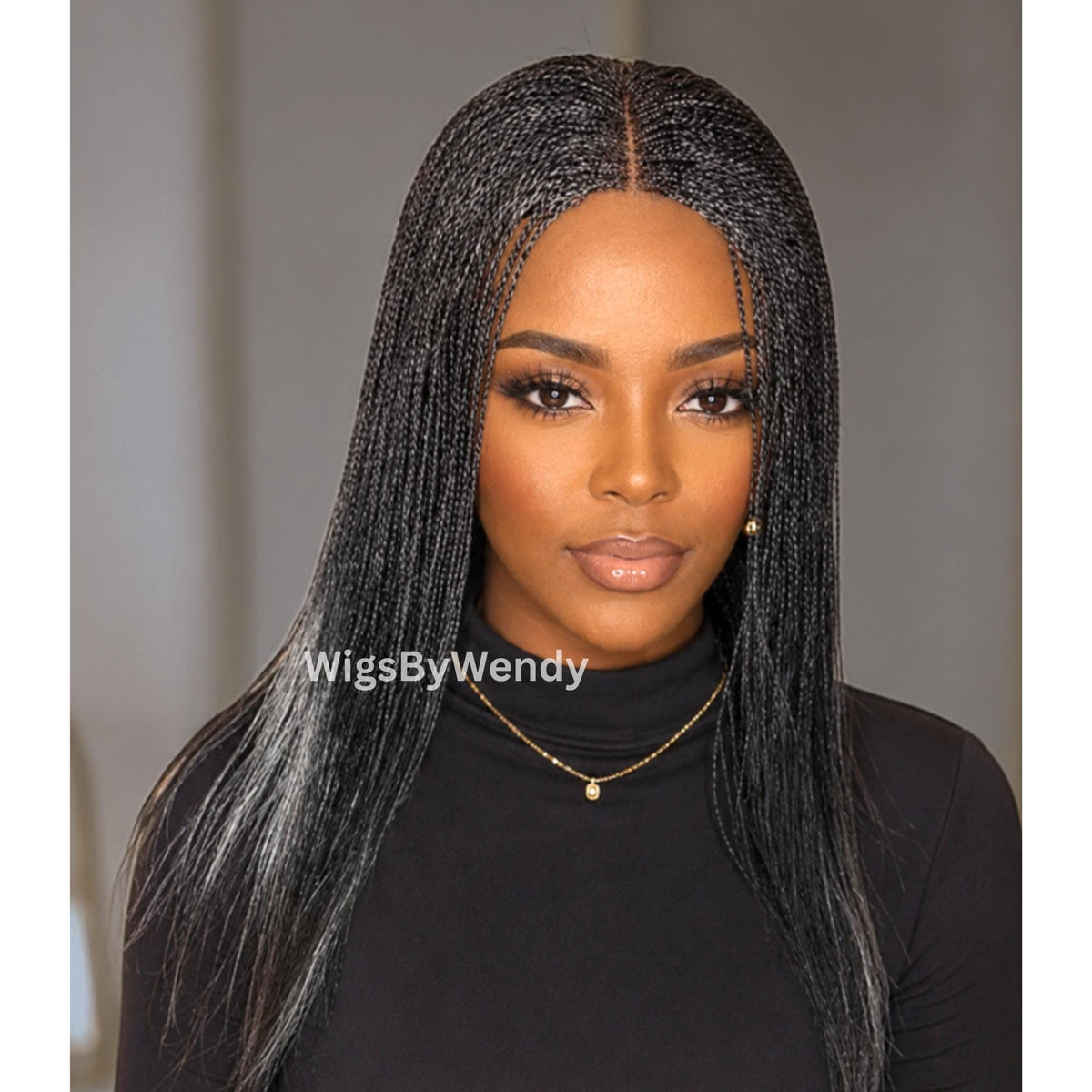 Salt and Pepper Blackand Grey Micro Twist Braided Wig, Long Centre-part Light-weight Single Braids Wig