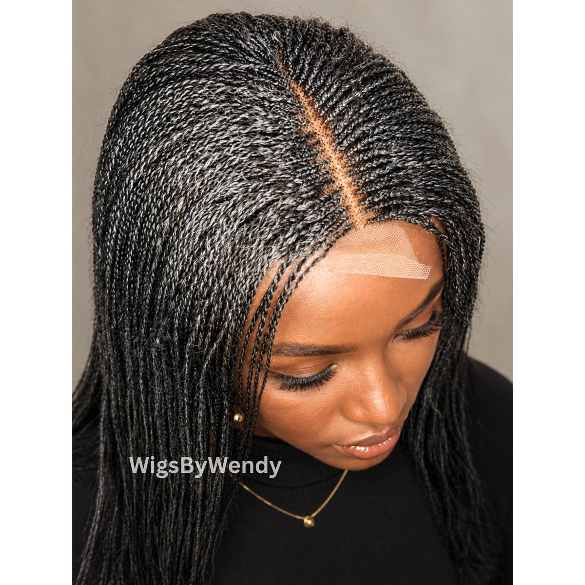 Salt and Pepper Blackand Grey Micro Twist Braided Wig, Long Centre-part Light-weight Single Braids Wig