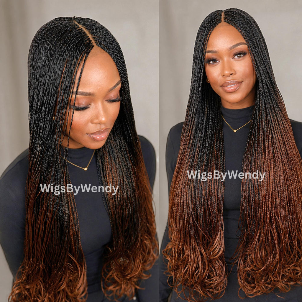 Black/Brown Spanish Curls Lace Closure Twist Wig, Single Box Braids French Curls Lightweight African Weave Wig
