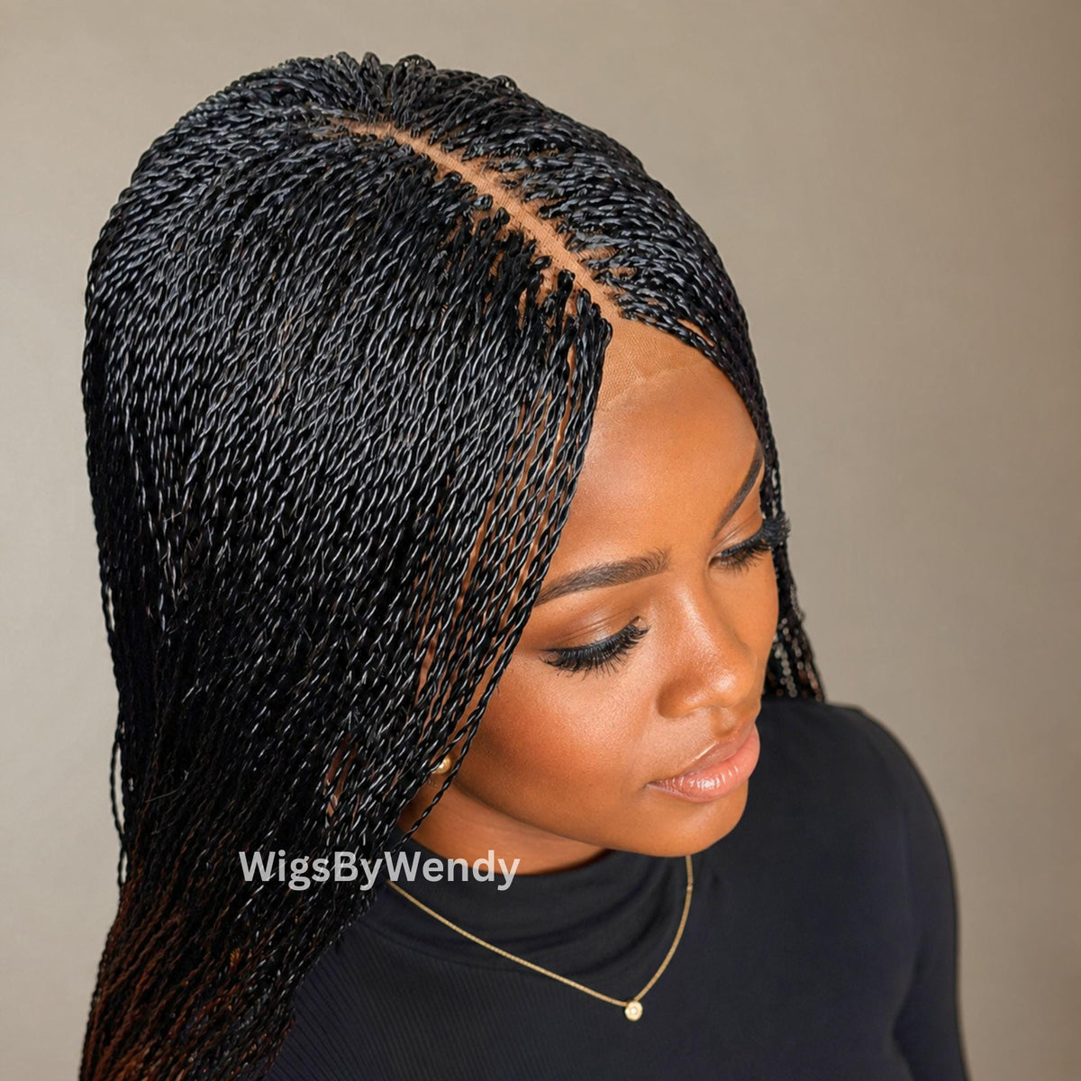 Black/Brown Spanish Curls Lace Closure Twist Wig, Single Box Braids French Curls Lightweight African Weave Wig