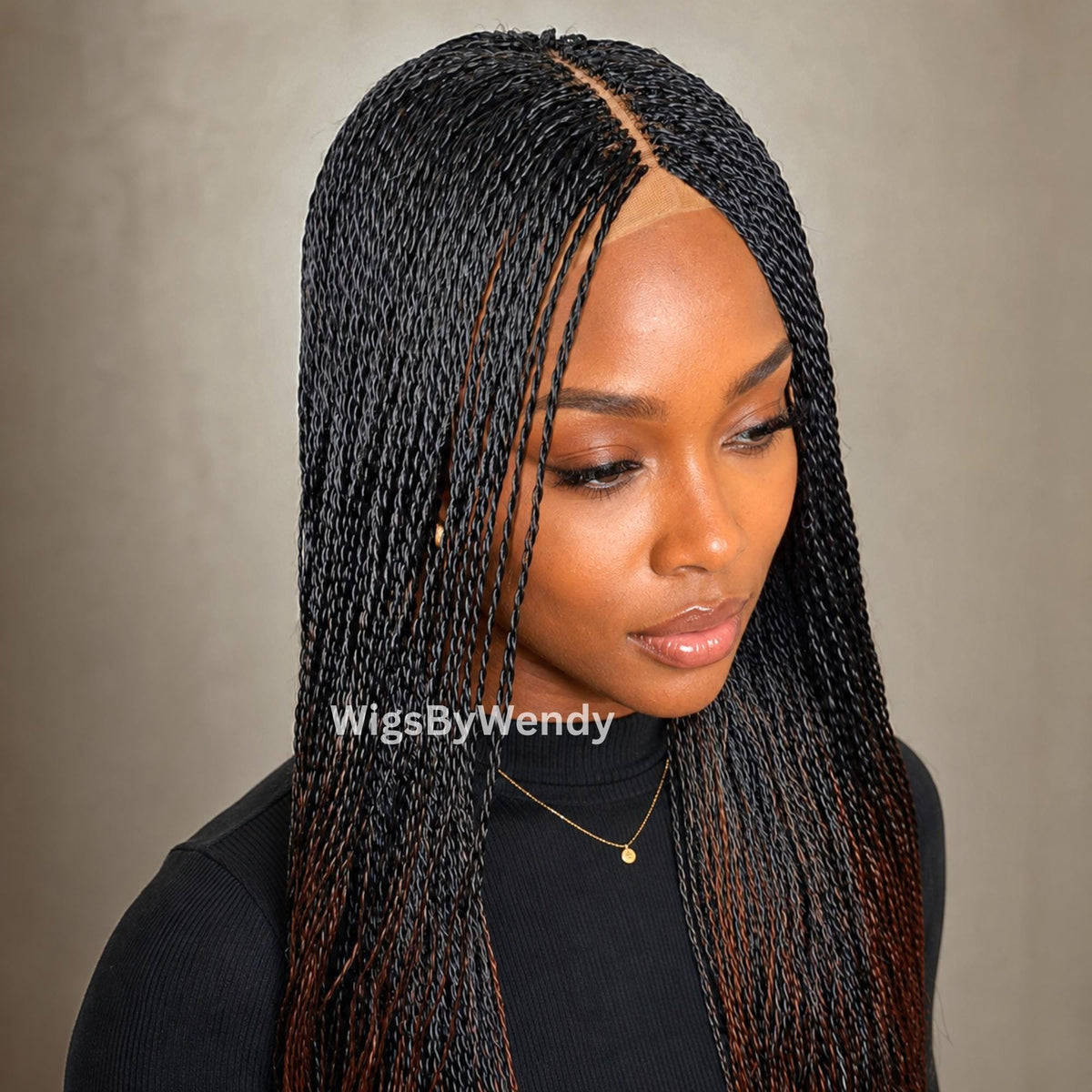 Black/Brown Spanish Curls Lace Closure Twist Wig, Single Box Braids French Curls Lightweight African Weave Wig
