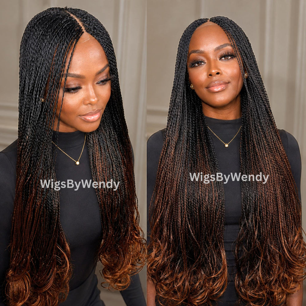 Black/Brown Spanish Curls Lace Closure Twist Wig, Single Box Braids French Curls Lightweight African Weave Wig